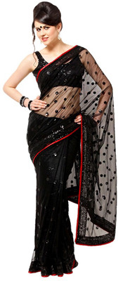 Dancing Girl Embroidered Bollywood Net Saree(Black