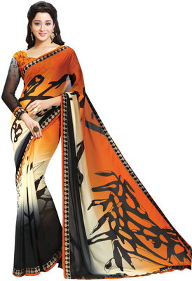 Saara Printed Fashion Georgette Saree(Orange, Grey), Grey;orange