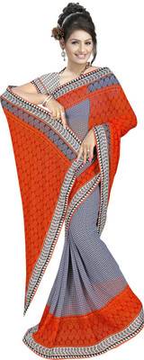 Khushali Printed Fashion Georgette Saree(Orange, Grey), Grey;orange