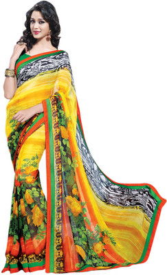 Saara Floral Print Daily Wear Georgette Saree(Yellow)