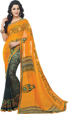 Saara Floral Print, Self Design Daily Wear Georgette Saree(Yellow, Green), Green;yellow