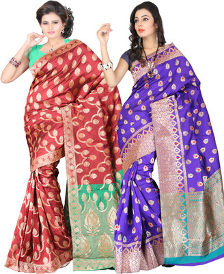 It's Banii Woven Banarasi Handloom Banarasi Silk Saree(Pack of 2, Red, Blue), Blue;red