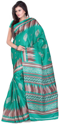 Cenizas Floral Print Fashion Art Silk Saree(Green)