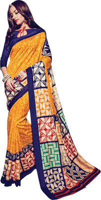 Saara Floral Print Fashion Silk Saree(Blue, Yellow), Blue and yellow