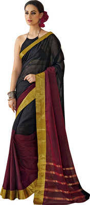 Ishin Solid Jamdani Cotton Saree(Black), Black & red