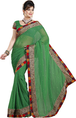 Ishin Embroidered Fashion Chiffon Saree(Green)