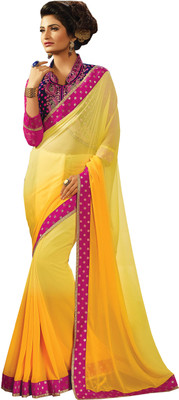 Khoobee Self Design, Embroidered Fashion Georgette Saree(Yellow, Pink, Blue), Blue;pink;yellow