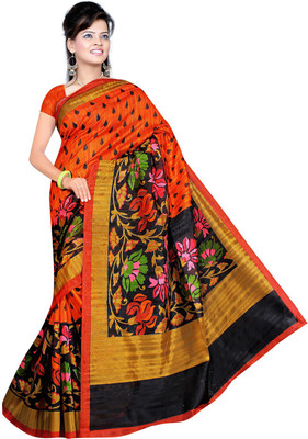 Manthan Printed Daily Wear Art Silk Saree(Orange, Black)