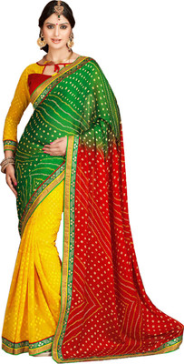 Vandv Shop Printed Fashion Handloom Silk Saree(Green), Green;yellow