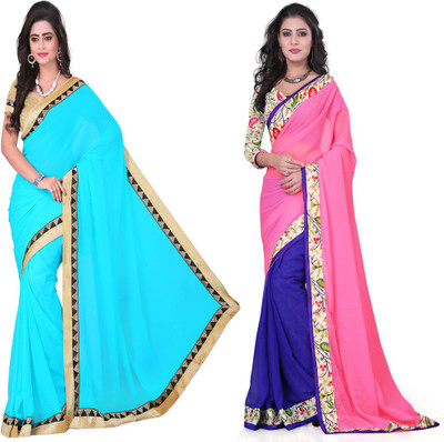 Aai Shree Khodiyar Art Solid Bollywood Chiffon Saree(Pack of 2, Multicolor)