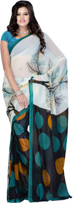 Jaipur Kurti Polka Print Fashion Georgette Saree(Black, White), Black and white