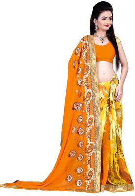 Lovely Look Embroidered Daily Wear Georgette Saree(Orange, Yellow)