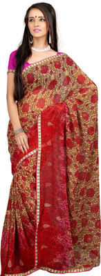 Khushali Self Design, Printed Fashion Chiffon Saree(Beige, Red, Pink), Beige;pink;red