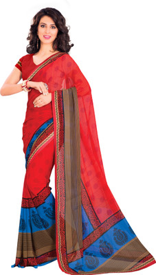 Ewows Printed Fashion Chiffon Saree(Red, Blue), Blue;red