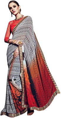 Desi Butik Printed Fashion Georgette Saree(White, Red), White and red