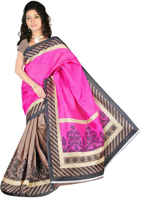Khoobee Self Design Fashion Silk Saree(Pink, Brown), Brown;pink