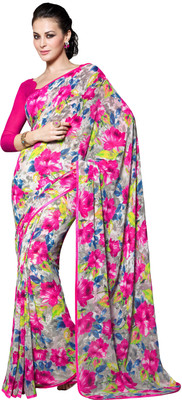 Manthan Printed Daily Wear Georgette Saree(White, Pink), Off white & pink