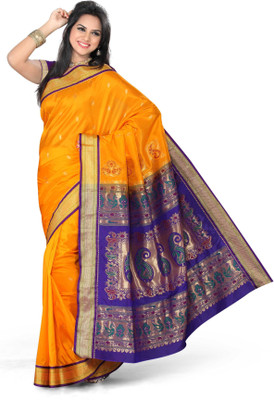 Ishin Printed Paithani Art Silk Saree(Orange)