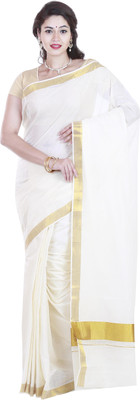 SriSyndicate Self Design Fashion Cotton Saree(Gold), Cream