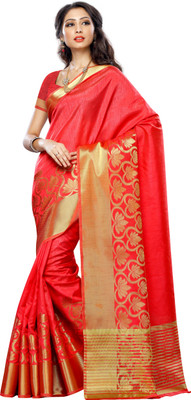 Mimosa Woven Kanjivaram Tussar Silk Saree(Red), Straberry