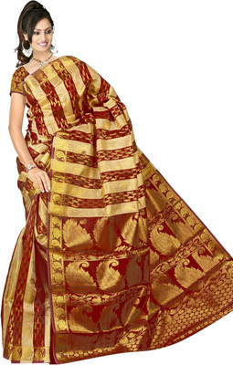 JagannathSaree Self Design Fashion Silk Saree(Red, Beige), Beige;red