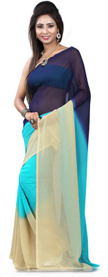 Parisha Solid Fashion Georgette Saree(Blue, Beige), Beige;blue