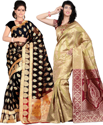 It's Banii Woven Banarasi Handloom Banarasi Silk Saree(Pack of 2, Black, Yellow)