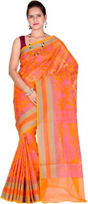 Chandrakala Self Design Banarasi Cotton Saree(Multicolor), Orange