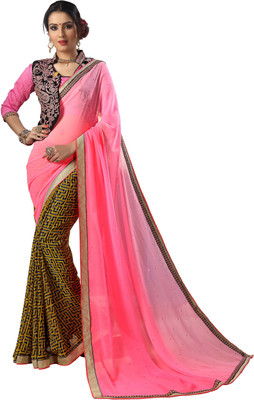 Lovely Look Printed Daily Wear Georgette Saree(Pink, Beige)