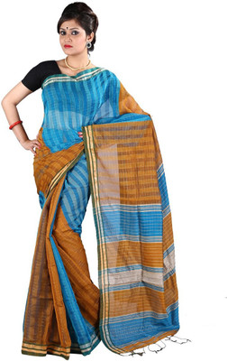 Hawai Striped Fashion Handloom Cotton Saree(Multicolor, Blue