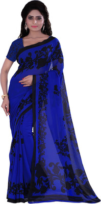 Khoobee Self Design, Printed Fashion Georgette Saree(Dark Blue, Black), Black;dark blue