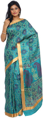 Kataan Bazaar Printed Banarasi Handloom Tussar Silk Saree(Blue), Turqouise