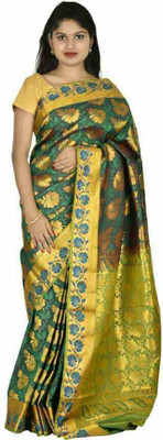 Mahaveersilkcreations Woven Kanjivaram Raw Silk Saree(Green), Blur green