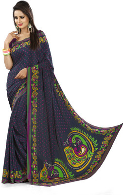 Urban Vastra Animal Print Fashion Crepe Saree(Blue), Dark grey