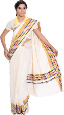 Darps Self Design Balarampuram Cotton Saree(Multicolor), Cream