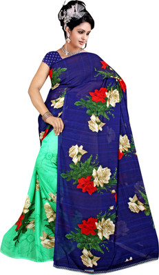 Jiya Self Design, Printed Fashion Georgette Saree(Dark Blue, Light Green)