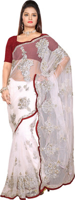 Ishin Embroidered Fashion Net Saree(White, Off white