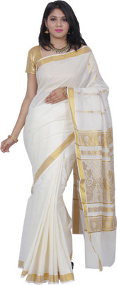 Fashionkiosks Solid Fashion Handloom Cotton Saree(White), White gold