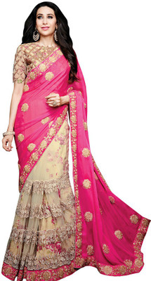 Desi Butik Embroidered Fashion Chiffon, Net Saree(Pink, Beige), Pink and beige