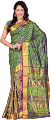 Saara Self Design Fashion Art Silk Saree(Gold, Green), Golden and light green