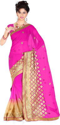 Khushali Self Design, Solid Fashion Georgette Saree(Pink, Beige), Beige;pink
