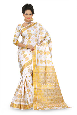 Mimosa Self Design Kanjivaram Silk, Jacquard Saree(White)