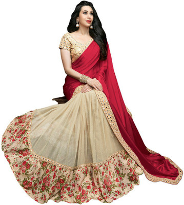 Desi Butik Embroidered Fashion Georgette Saree(Red, Beige), Red and beige