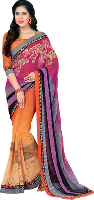 Saara Embroidered Fashion Georgette Saree(Orange, Pink)