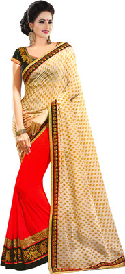 Stylish Girls Embroidered Fashion Jacquard, Georgette Saree(Orange, White)