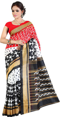 Manthan Printed Daily Wear Art Silk Saree(White, Black)