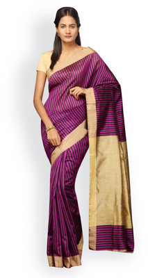 Pavechas Striped Banarasi Silk Cotton Blend Saree(Purple