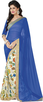Lovelylook Printed Daily Wear Georgette Saree(Blue, White), Blue & off white