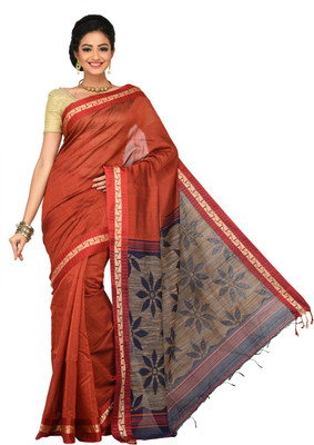 Sangam Kolkata Solid Tant Polycotton Saree(Red)