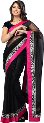3NH Self Design Bollywood Net Saree(Black)